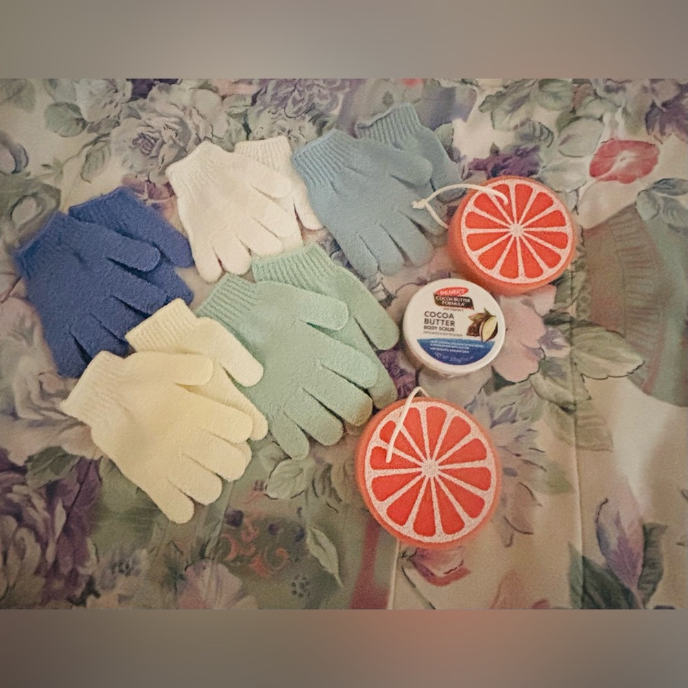Exfoliating Shower Gloves & Citrus Sponge Bath Set - Blue, Cream, Orange